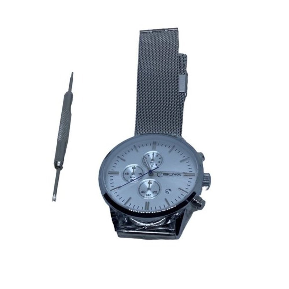 YISUYA Chronograph‎ Watch Men OS Silver Mesh Band Minimalist Modern Dress Watch